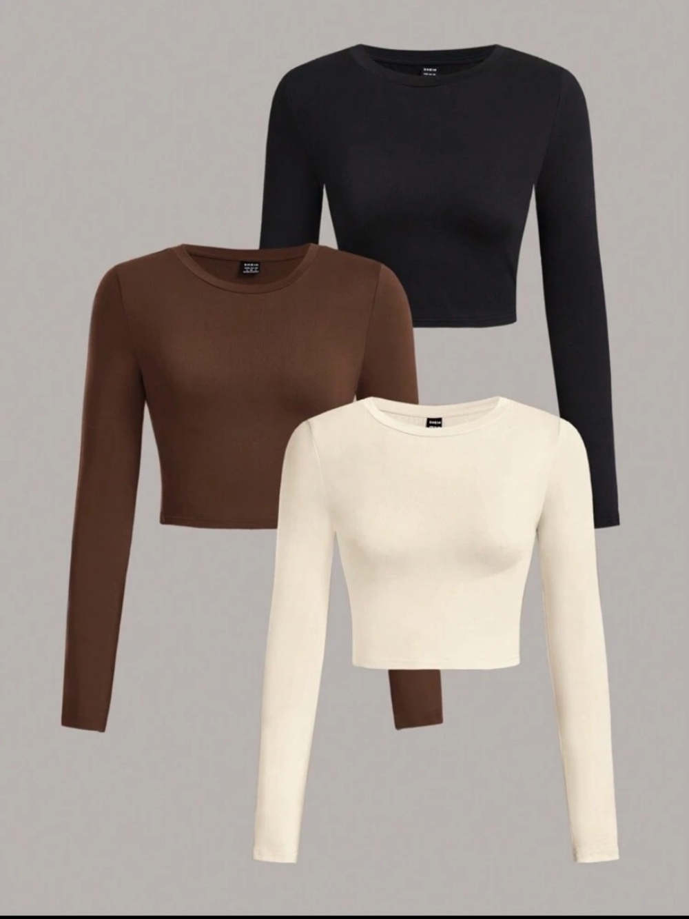 SHEIN Black Brown Cream Long Sleeve Crop Tee Trio